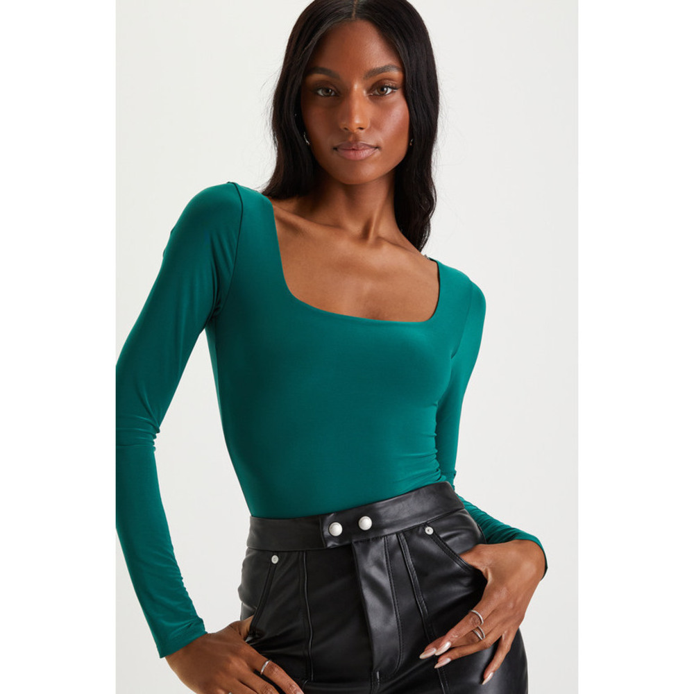 Lulus Sophisticated Ease Emerald Green Knit Long Sleeve Bodysuit - Size M